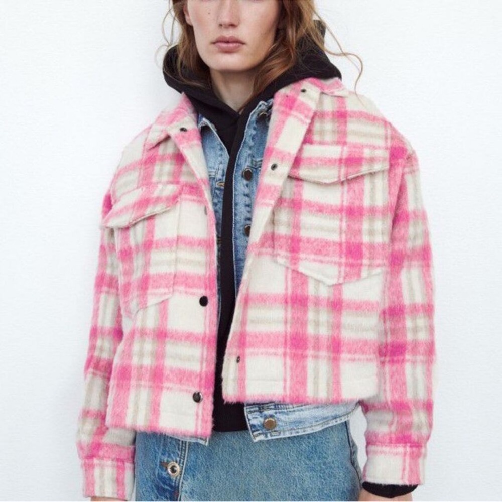 NWOT Zara‎ Pink Cropped Plaid Shacket Overshirt size small